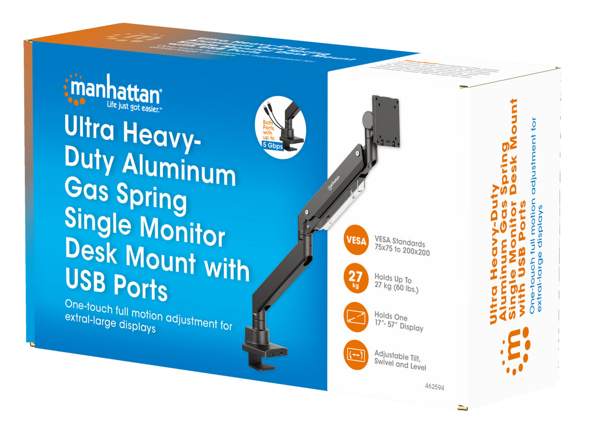Manhattan Desk Mount for TV & Monitors (Full Motion Gas Spring), For screens 13" to 42", C-Clamp or Grommet Assembly,VESA compatibility: all between 75x75mm to 200x200mm - check the dimensions of the four mounting holes on back of screen to ensure it fits