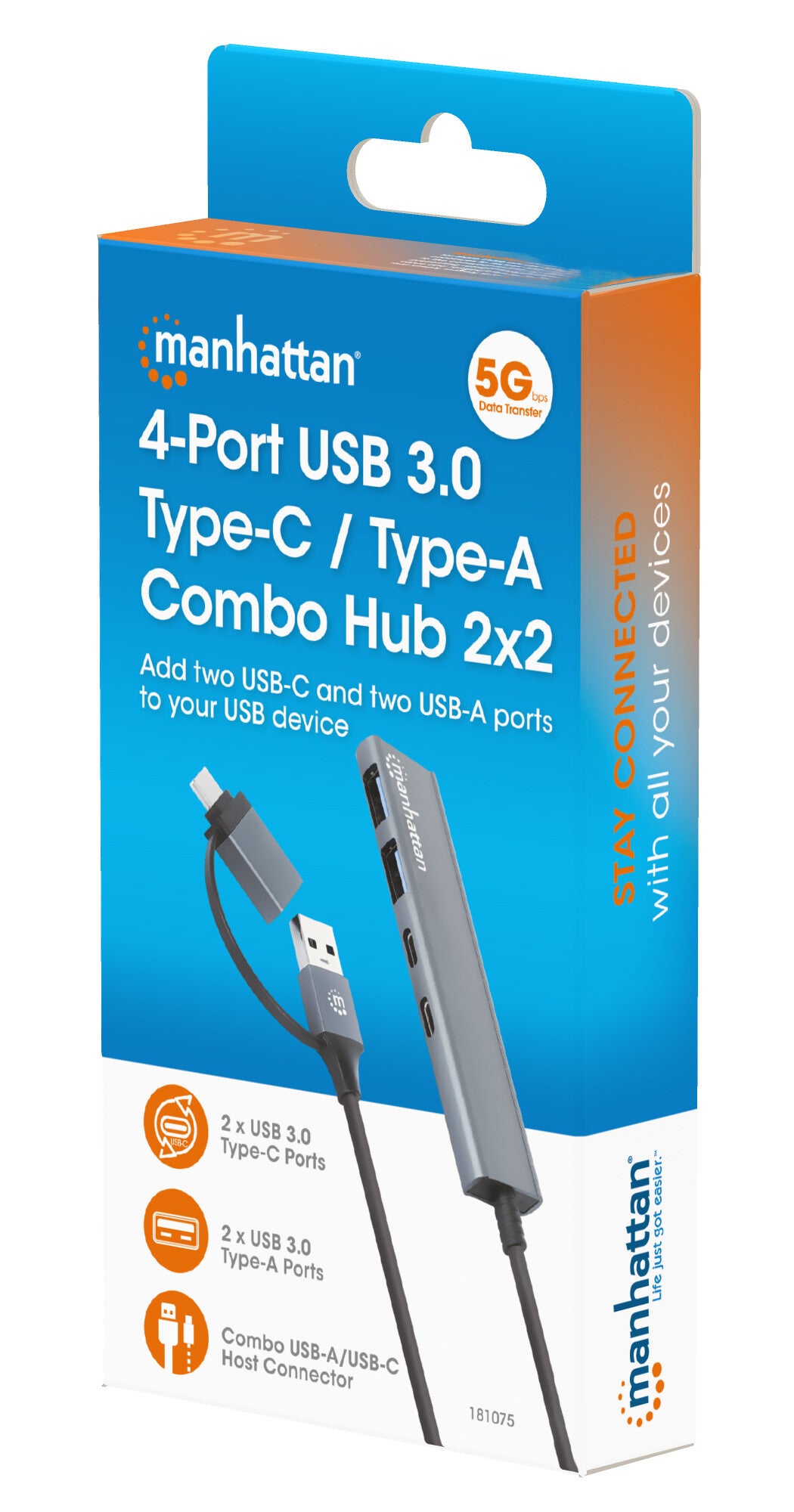 Manhattan USB-C & USB-A Combo Dock/Hub, Ports (4): USB-A (x2) and USB-C (x2), 5 Gbps (USB 3.2 Gen1 aka USB 3.0), USB powered (no external power supply required), Aluminium