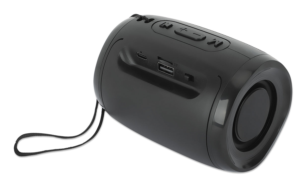 Manhattan Mini Boombox Bluetooth Speaker, Integrated Controls, Microphone, Up to 4 hours Playback time, Range 10m, microSD card reader (32GB), USB-A port for MP3, Output decent 5W, USB-C/USB-A charging cable (30cm) incl, 800mAH battery, Bluetooth v5.3, Bl
