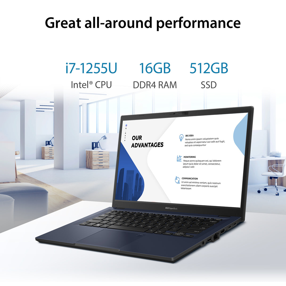 ASUS ExpertBook B1 B1402CBA-EBI715X Intel® Core™ i7 i7-1255U Laptop 35.6 cm (14") Full HD 16 GB DDR4-SDRAM 512 GB SSD Wi-Fi 6E (802.11ax) Windows 11 Pro Black