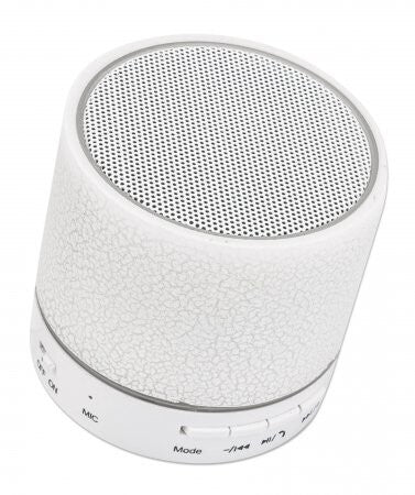 Manhattan LED Bluetooth Speaker, Multicoloured, 5 hour Playback time, Range 10m, microSD card reader (32GB), Aux 3.5mm connector, Output 3W, USB-A charging cable included, 1200mAH battery, Bluetooth v5, White, Three Year Warranty