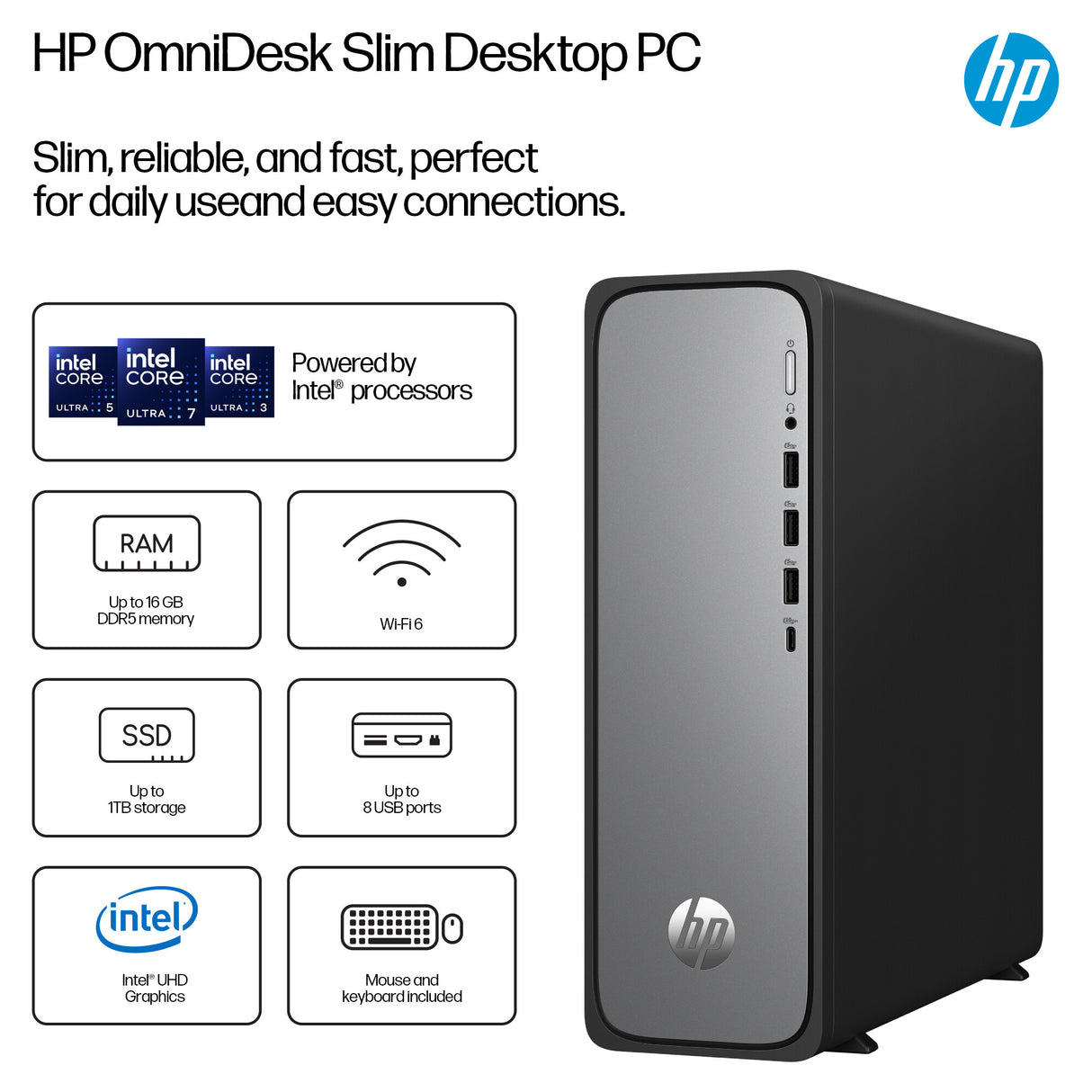 HP OmniDesk Slim S03-0013na Intel Processor 300 300 8 GB DDR5-SDRAM 256 GB SSD Windows 11 Home Tower PC Silver