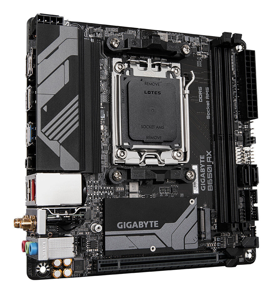 GIGABYTE B650I AX Motherboard - AMD Ryzen 9000 Series CPUs, 5+2+1 Phases VRM, up to 6400MHz DDR5 (OC), 1xPCIe 4.0 M.2, 2.5GbE LAN, WIFI 6E, USB 3.2 Gen 2