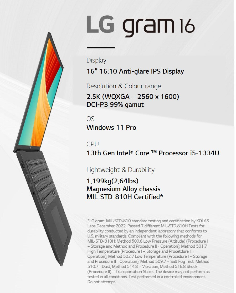 LG Gram 16Z90RU-G.AP52A1 laptop Intel® Core™ i5 i5-1334U 40.6 cm (16") WQXGA 16 GB LPDDR5-SDRAM 256 GB SSD Wi-Fi 6 (802.11ax) Windows 11 Pro Black