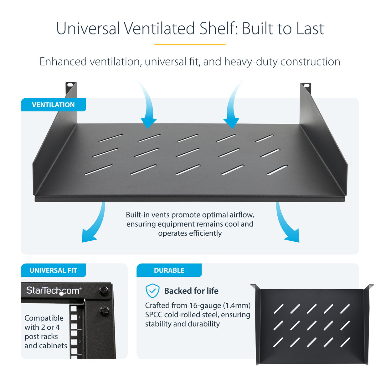 StarTech.com 2U Vented Server Rack Shelf, 12" (31.5cm) Mounting Depth, Cantilever Tray For 19" Rack/Cabinet, Heavy-Duty Steel, Up To 25lb/11.3kg, Includes Cage Nuts/Screws