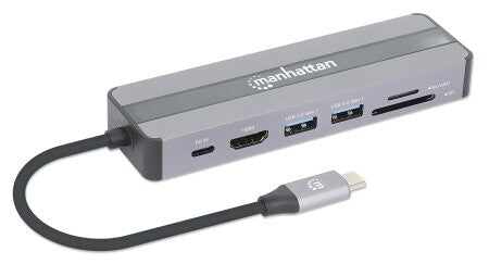 Manhattan USB-C Dock/Hub with Card Reader, Ports (x5): Ethernet, HDMI, USB-A (x2) and USB-C, With Power Delivery (87W) to USB-C Port (Note add USB-C wall charger and USB-C cable needed), All Ports can be used at the same time, Universal for all devices,