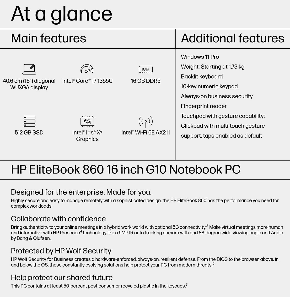 HP EliteBook 860 G10 Intel® Core™ i7 i7-1355U Laptop 40.6 cm (16") WUXGA 16 GB DDR5-SDRAM 512 GB SSD Wi-Fi 6E (802.11ax) Windows 11 Pro Silver