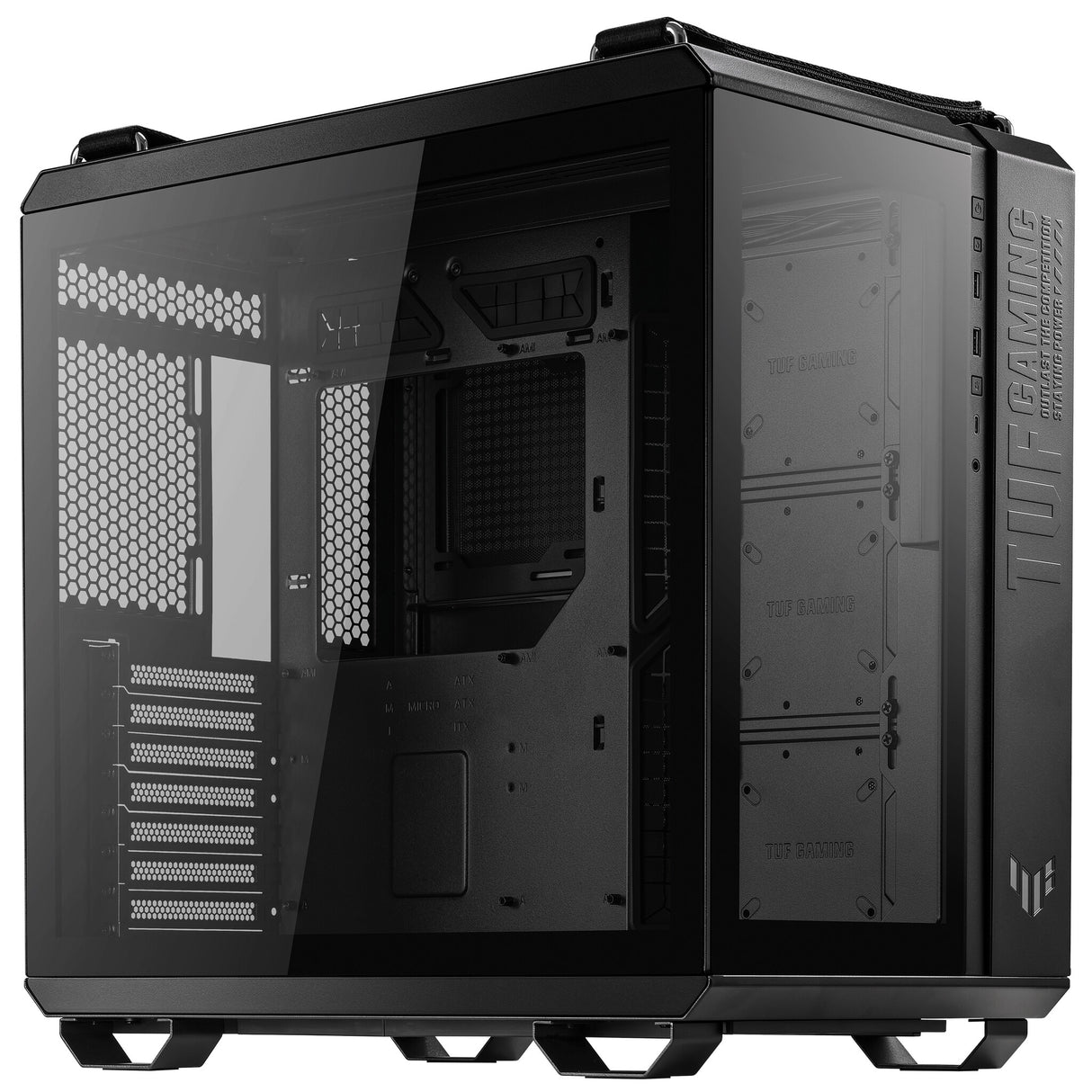 Asus TUF Gaming GT502 Boîtier avec fenêtre avant et latérale en verre, ATX, double chambre, conception modulaire, bouton de commande LED, USB-C, poignées de transport, noir
