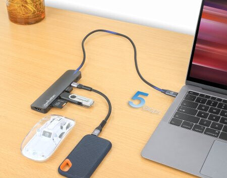 Manhattan USB-C Dock/Hub with Card Reader, Ports (x5): HDMI, USB-A (x2) and USB-C (x2), with Power Delivery (PD) 100W- requires external USB-C charger (not included). USB powered (no external power supply required) when PD is not in use