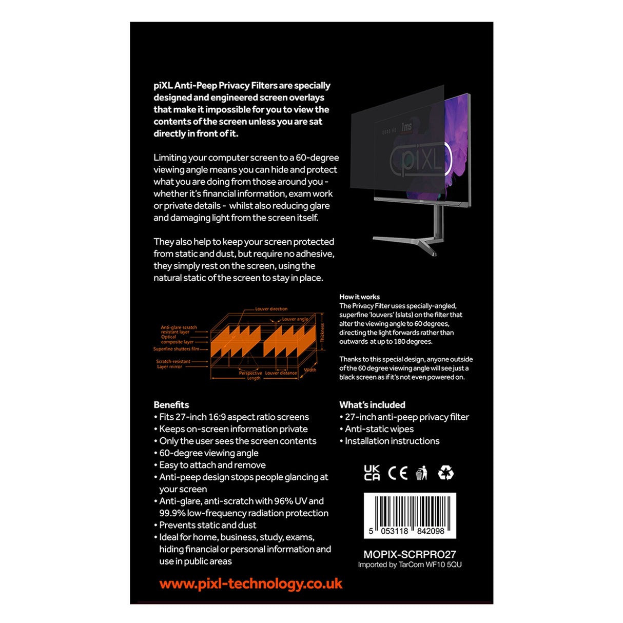 piXL 27 Inch Monitor Privacy Screen Filter 68.6 cm (27") Frameless display privacy filter