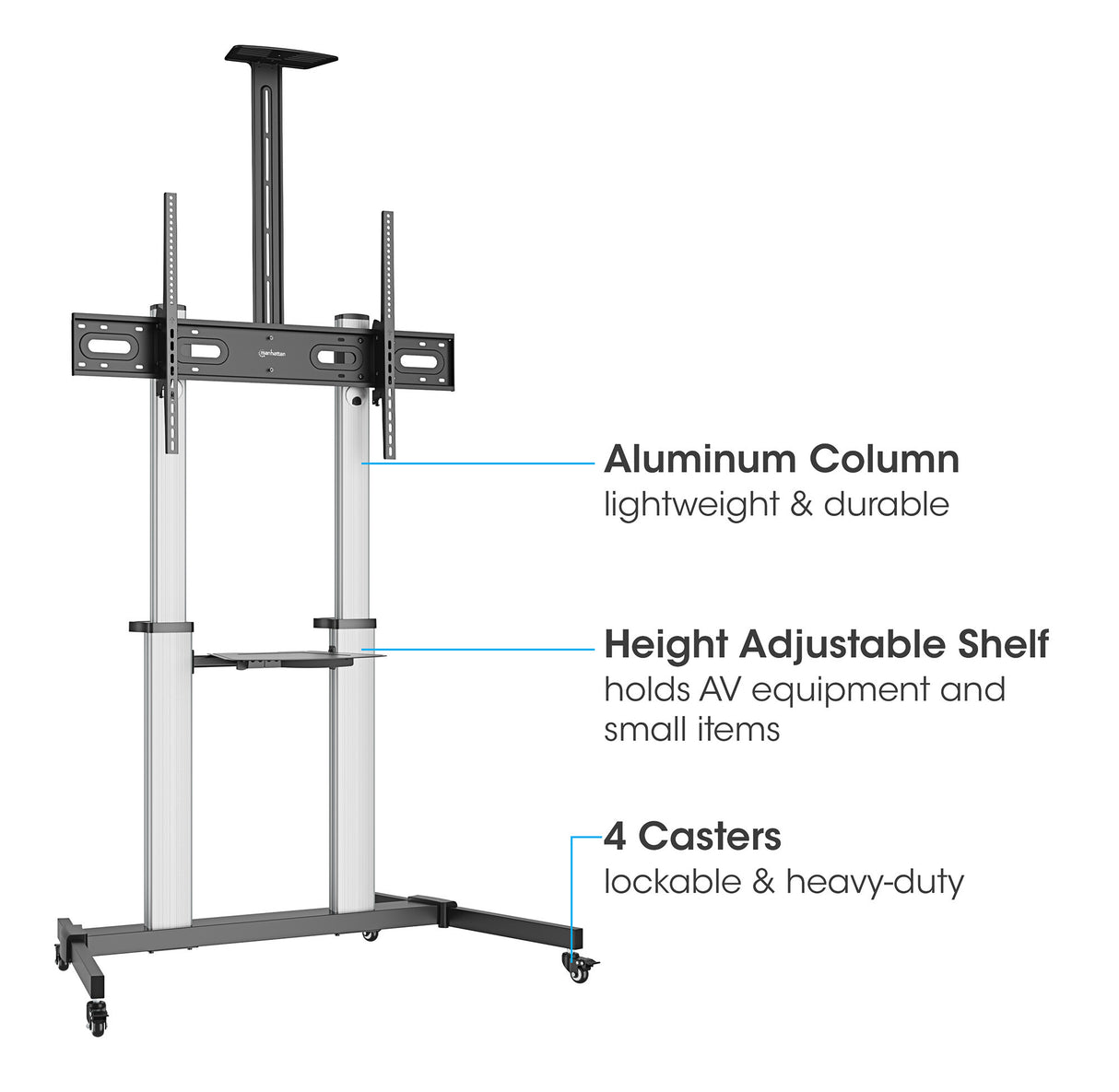 Manhattan Trolley Mount Stand for TV & Monitors, For screens: 37" to 100",VESA compatibility:all between 200x200 to 1000x600mm -check the dimensions of the four mounting holes on back of screen to ensure it fits,Max 80kg,Height adjustable 1200 to 1600mm,L