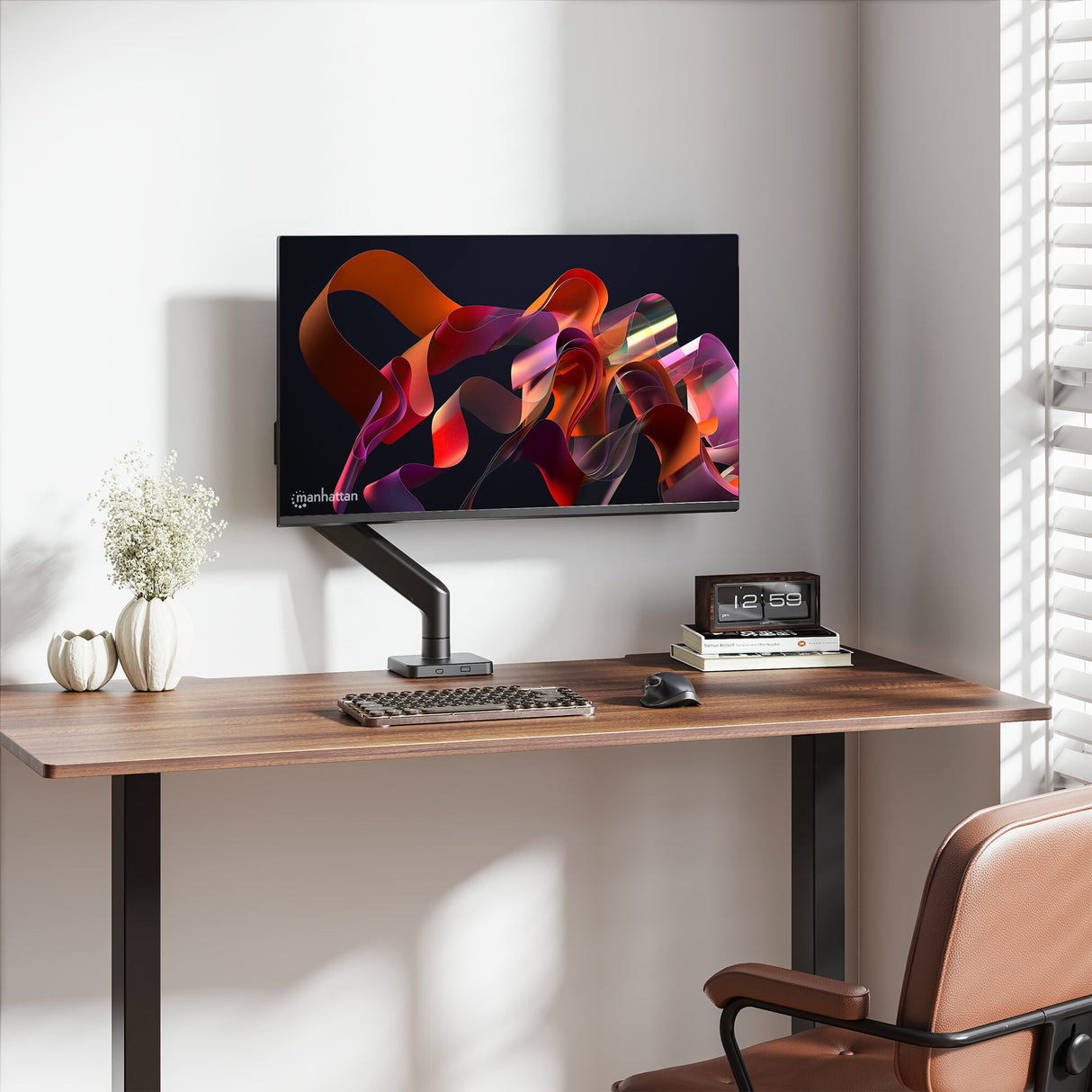 Manhattan Desk Mount for TV & Monitors (Full Motion Spring),For screens 13" to 42",C-Clamp or Grommet Assembly,VESA compatibility:all between 75x75mm to 200x200mm -check the dimensions of the four mounting holes on back of screen to ensure it fits,Max 20k