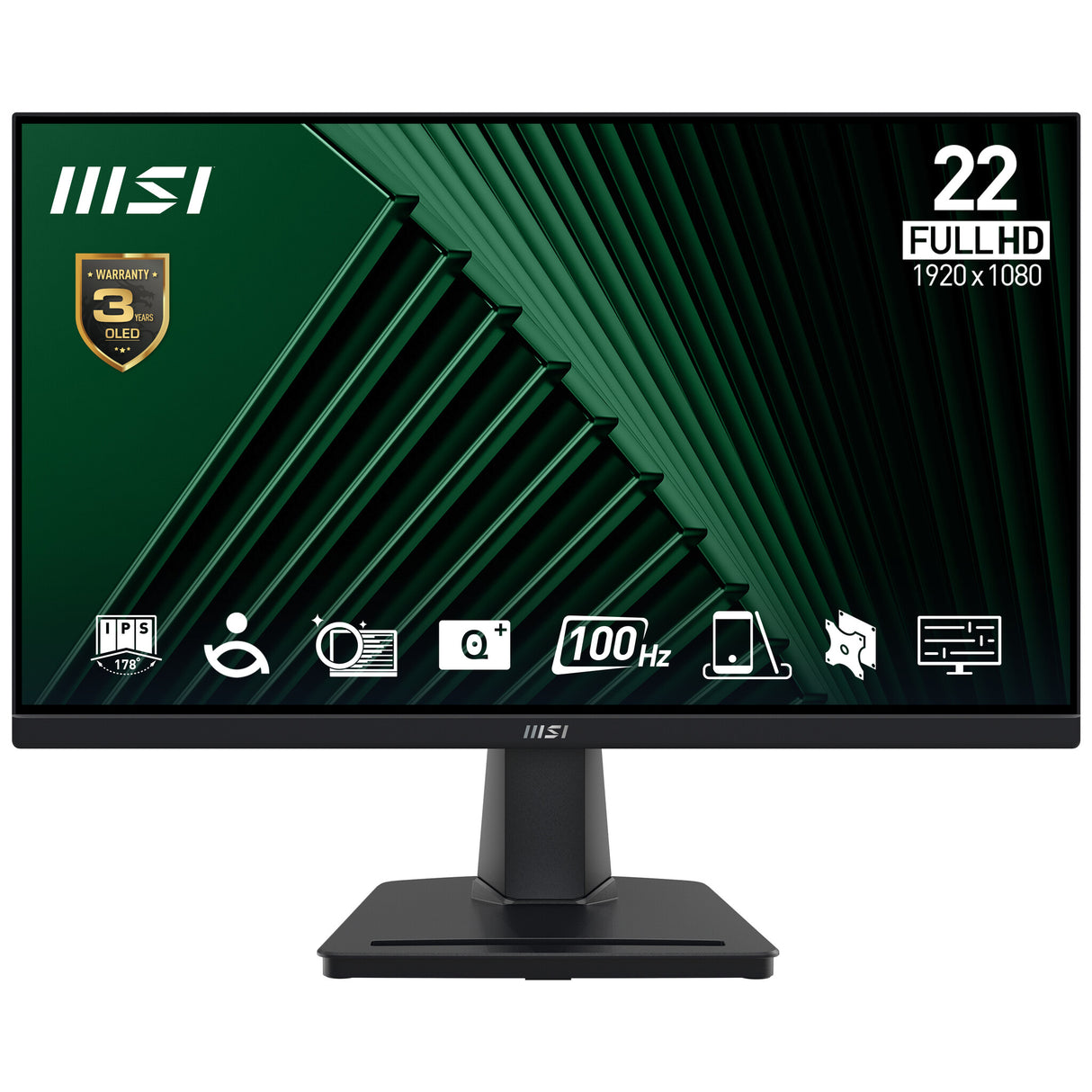 MSI Pro MP225V 21.45 Inch Monitor, FHD (1920 x 1080), 100Hz, VA, 1ms, 1x HDMI 1.4b, 1x D-Sub(VGA), Anti-Glare, Anti-Flicker, Less Blue light, TÜV Certified, VESA, Kensington, Black