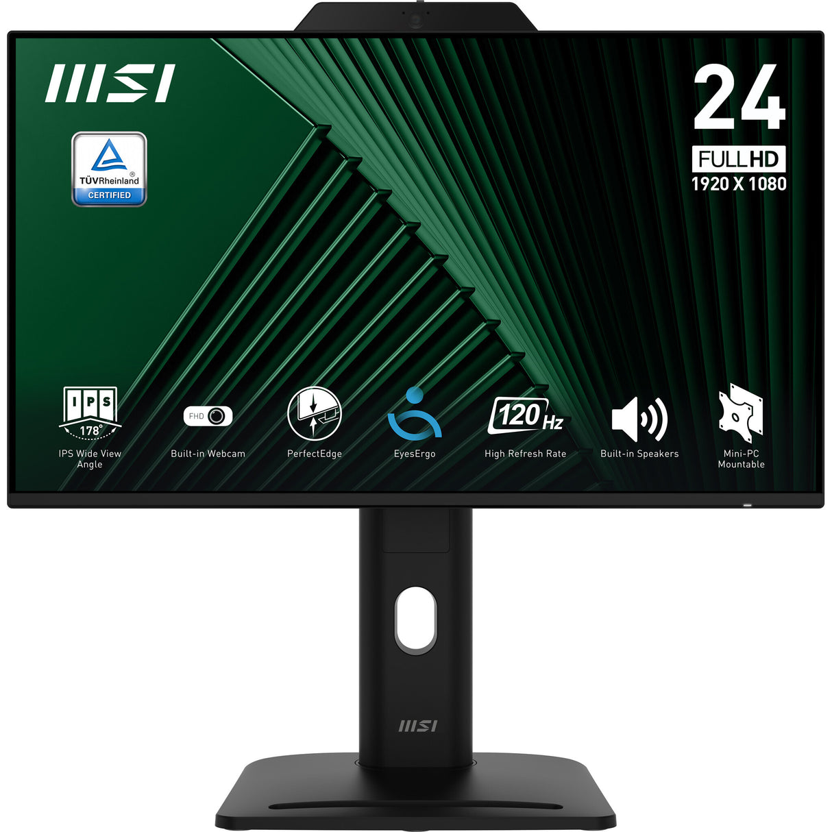MSI Pro MP242PMG 23.8 Inch Monitor, FHD (1920 x 1080), 120Hz, IPS, 1ms, 1x HDMI 1.4b, 1x DP 1.2a, 1x D-Sub(VGA), 2xUSB 5Gbps Type-A, 1x USB 5Gbps Type-B, Built-in Speakers, Webcam, Anti-Glare, Anti-Flicker, Less Blue light, TÜV Certified, VESA, Kensington