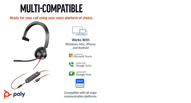 POLY Blackwire 3315 Monaural USB-C Headset +3.5mm Plug +USB-C/A Adapter