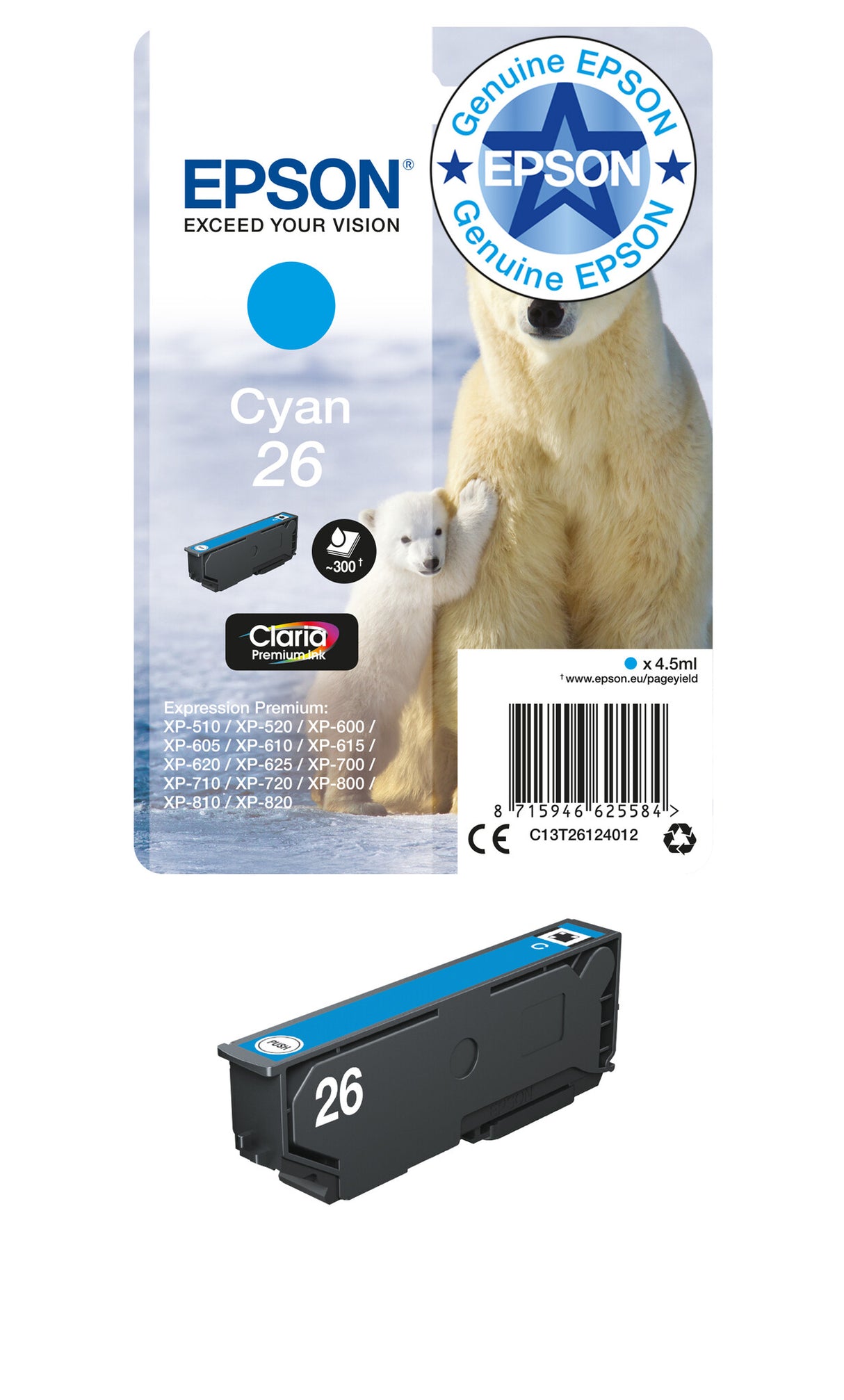 Epson Polar bear 26 Claria Premium Single Cyan Ink