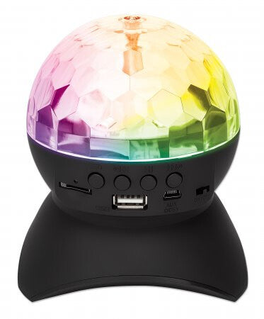 Manhattan Sound Science Disco Light Ball Bluetooth Speaker, FM Radio, Decent Sound Output (3W), 8 hour Playback time, Integrated Controls, Range 10m, microSD card reader, Aux 3.5mm, USB-A charging cable incl, Bluetooth 5.0, 3 Years Warranty