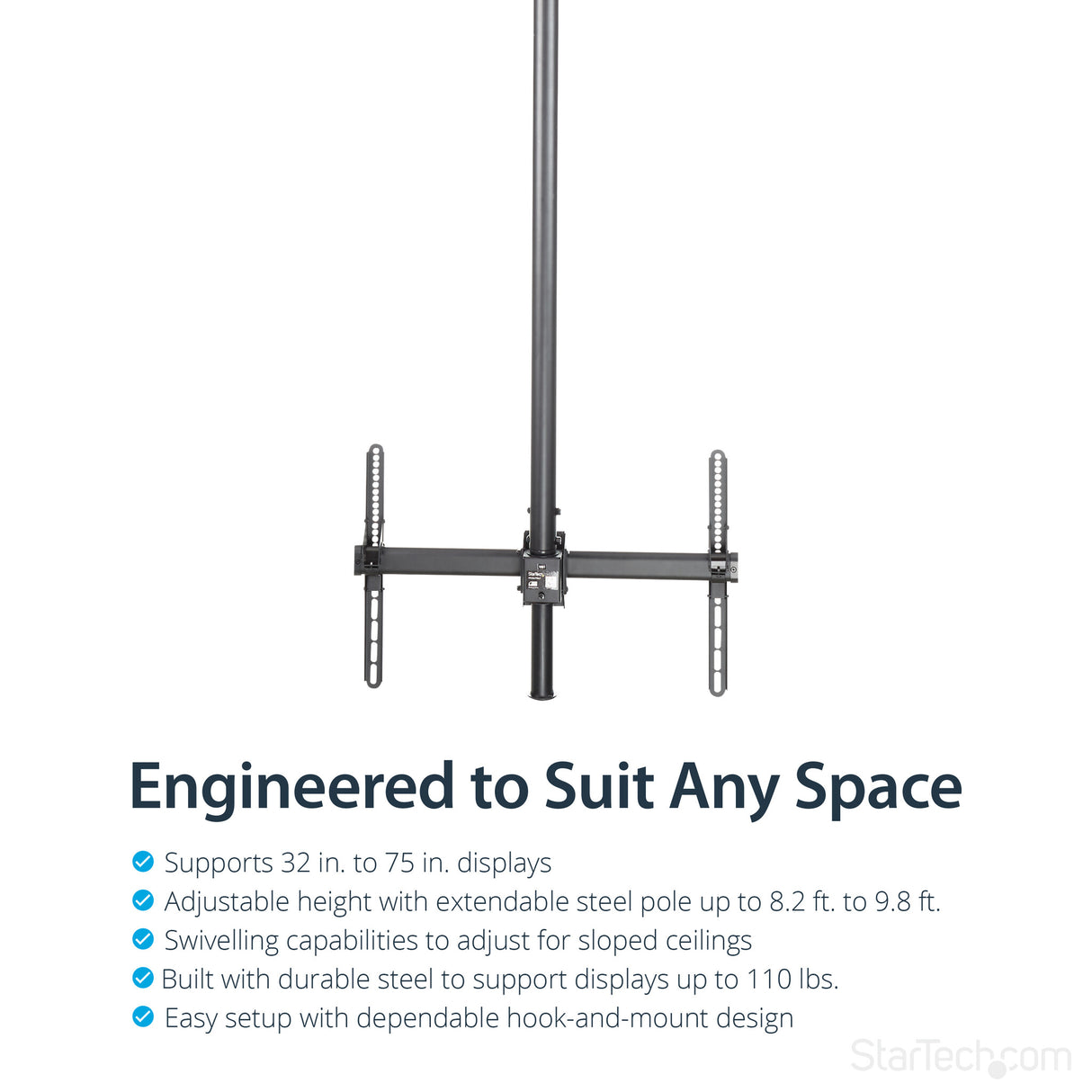 StarTech.com TV Ceiling Mount - Full-Motion Universal Hanging Single Screen Mount with Adjustable Telescopic Long Pole - Tilt / Swivel - VESA Bracket for 32”-75" Displays