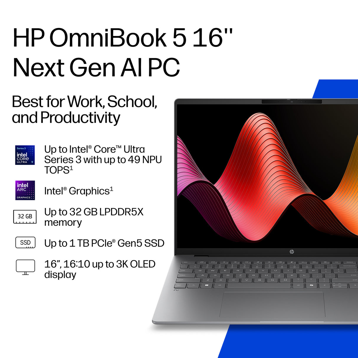 HP OmniBook 5 Laptop Next Gen AI 16-bm0000nax Copilot+ PC Intel Core Ultra 7 40.6 cm (16") 2K 16 GB LPDDR5x-SDRAM 512 GB SSD Wi-Fi 6 (802.11ax) Windows 11 Home Silver