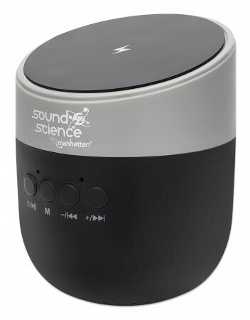 Manhattan Metallic Bluetooth Speaker with Wireless Charging Pad, Decent Sound Output (3W), 3 hour Playback time, Wireless Pad 5W, Integrated Controls, Range 10m, microSD card reader, USB-A charging cable incl, Bluetooth 5.0, 3 Years Warranty