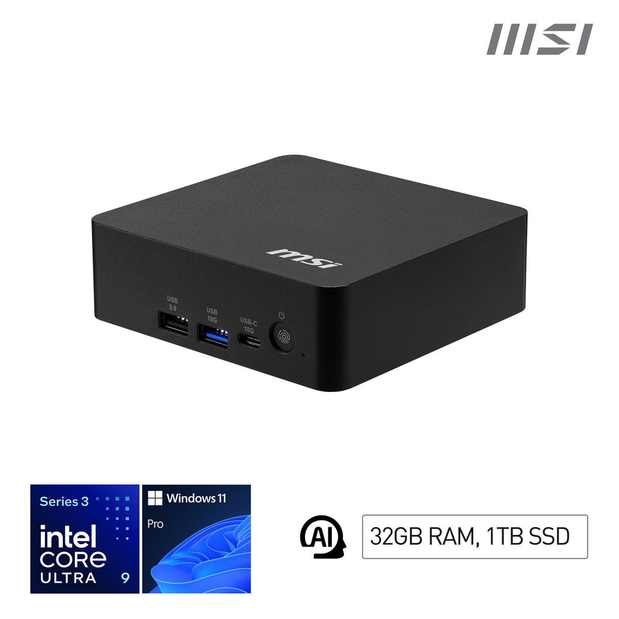 MSI Cubi NUC AI+ 3MG Intel Core Ultra 9 386H (18MB Cache), 32GB DDR5-SDRAM, 1000GB SSD, Intel Graphics, LAN, WLAN, Bluetooth, Windows 11 Pro ( NUC AI+ 3MG i9 386H FS 32GB 1TB W11PP)