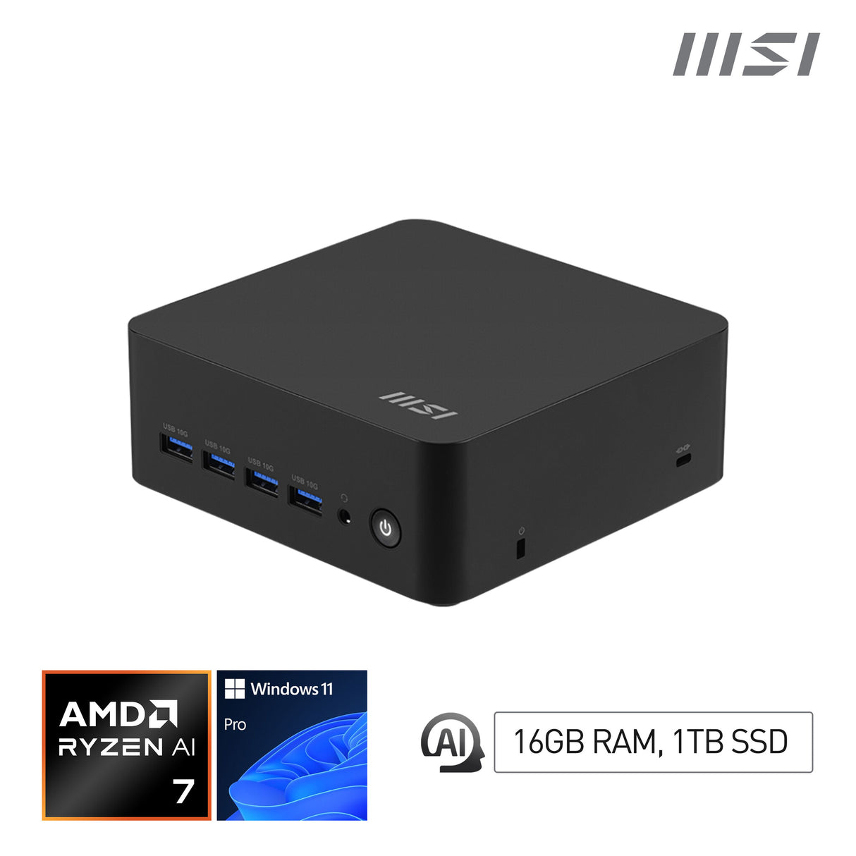 MSI Cubi Z AI 8M AMD Ryzen 7 8845HS, Desktop PC, SFF, Mini Computer, HTPC, (16GB RAM, 1TB Storage, Windows 11 PRO), AMD Radeon Graphics/DDR5/Dual HDMI/Dual LAN/WiFi 6E/BT 5.3/VESA