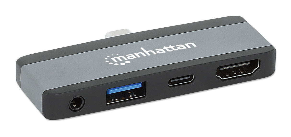 Manhattan USB-C Travel Dock/Hub, Ports (x4): HDMI, USB-A, USB-C and 3.5mm audio, With Power Delivery (100W) to USB-C Port, USB powered (no external power supply required)
