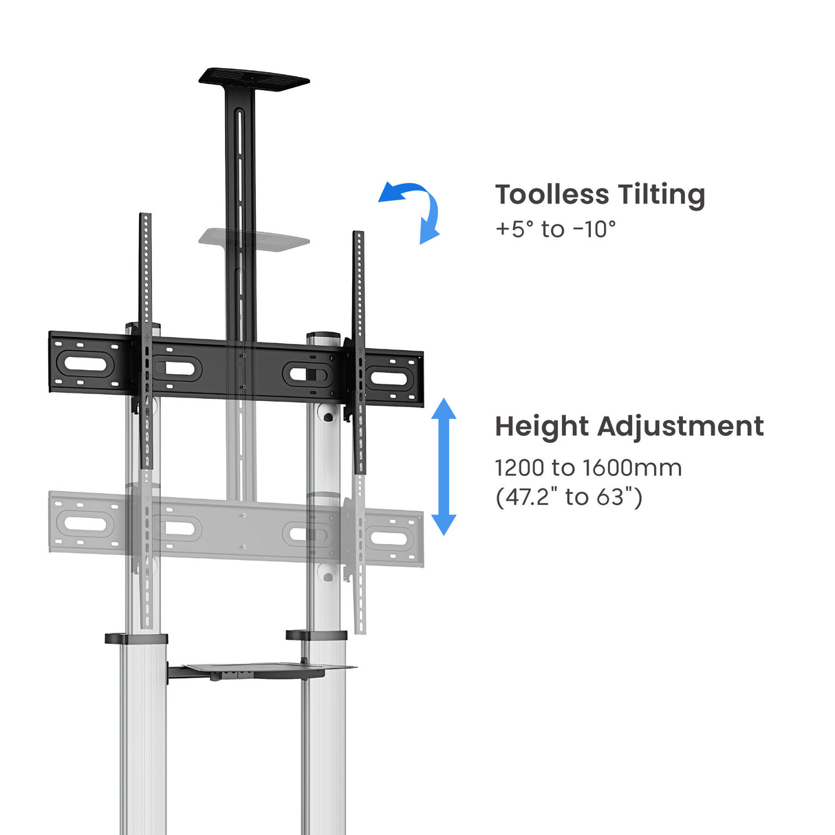 Manhattan Trolley Mount Stand for TV & Monitors, For screens: 37" to 100",VESA compatibility:all between 200x200 to 1000x600mm -check the dimensions of the four mounting holes on back of screen to ensure it fits,Max 80kg,Height adjustable 1200 to 1600mm,L