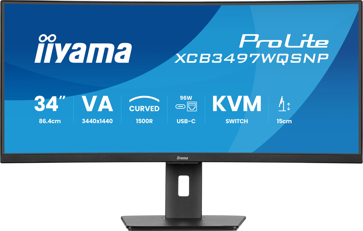 iiyama ProLite 34’’ UWQHD curved monitor with USB-C dock, LAN, KVM switch and 15cm height adjustable stand