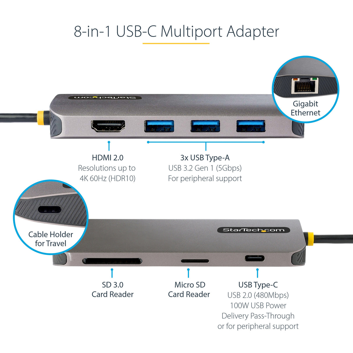 StarTech.com USB C Multiport Adapter 4K 60Hz HDMI Video, 3 Pt 5Gbps USB-A Hub, 100W USB Power Delivery Pass-Through/GbE/SD/MicroSD, 12"/30cm Cable, Travel Laptop Docking Station