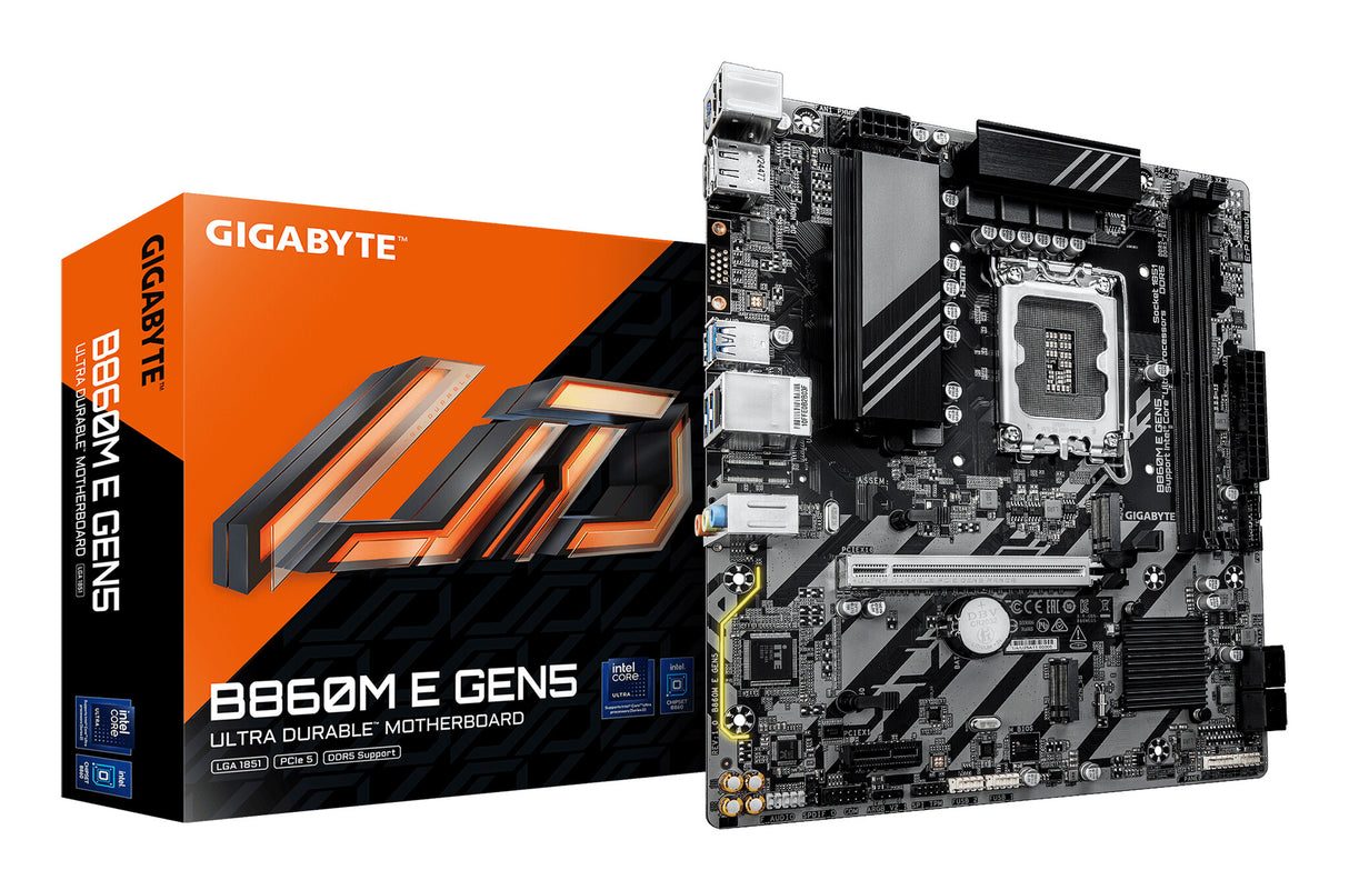 GIGABYTE B860M E GEN5 Motherboard - Intel Core Ultra Series CPUs, 4+1+2 Phases VRM, up to 8800MHz DDR5 (O.C.), 2xPCIe 4.0 M.2, 1GbE LAN, USB 3.2 Gen 1
