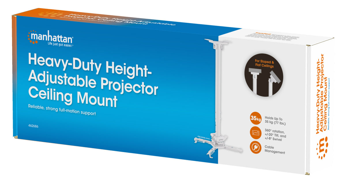 Manhattan Projector Mount, Ceiling, Universal, Full Motion, Height Range: 745 to 1145mm, Max 35kg, White, 360° rotation, +/-20° Tilt, and +/-8° Swivel, Lifetime Warranty