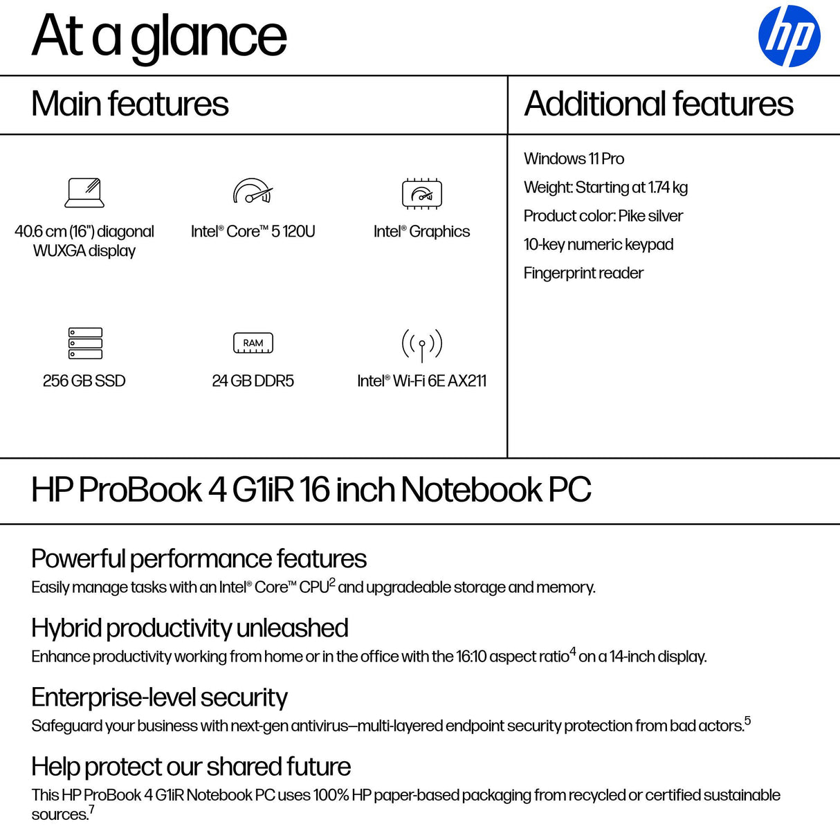 HP ProBook 4 G1iR Intel Core 5 120U Laptop 40.6 cm (16") WUXGA 24 GB DDR5-SDRAM 256 GB SSD Wi-Fi 6E (802.11ax) Windows 11 Pro Silver