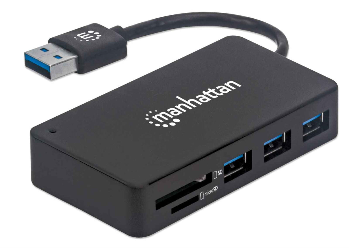 Manhattan USB-A 3-Port Hub with Card Reader, 3x USB-A ports, 5 Gbps (USB 3.2 Gen1 aka USB 3.0), SD, MicroSD, MMC and Memory Stick; Bus Power, SuperSpeed USB, Black, Three Year Warranty