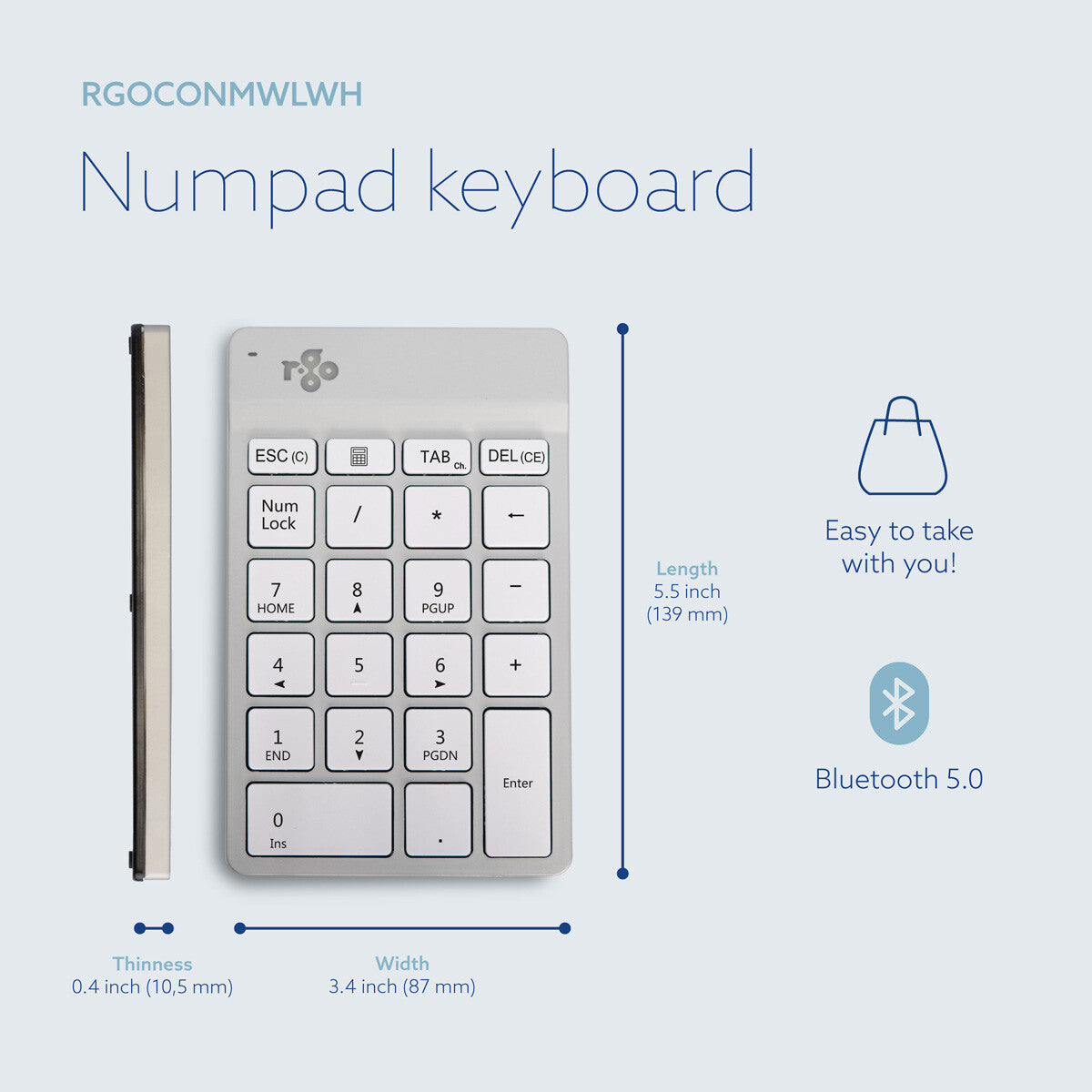 R-Go Tools Numeric keypad R-Go Numpad Break, ergonomic numeric keypad with break software, bluetooth, white