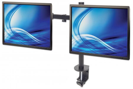 Manhattan Dual Desk Mount for TV & Monitors (Full Motion), For screens 10" to 27", Clamp Assembly, VESA compatability: 75x75 and 100x100mm - check the dimensions of the four mounting holes on back of screen to ensure it fits, Max 8kg (each), Black, Bracke