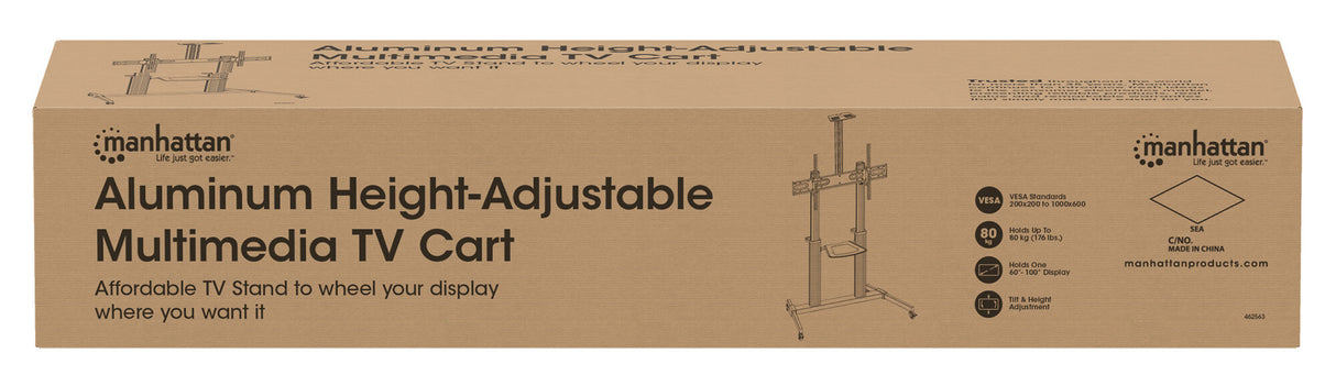 Manhattan Trolley Mount Stand for TV & Monitors, For screens: 37" to 100",VESA compatability:all between 200x200 to 1000x600mm -check the dimensions of the four mounting holes on back of screen to ensure it fits,Max 80kg,Height adjustable 1200 to 1600mm,L