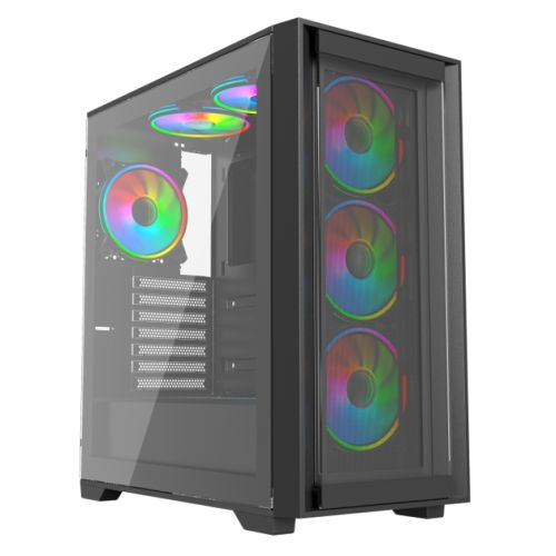 Vida Versa Black ARGB Gaming Case w/ Glass Side & Glass/Mesh Front, ATX, 6x ARGB PWM Fans, 6-Port Fan Hub & Remote Control *Glass & Mesh Front Panels included*