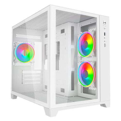 Vida Akira V2 White ARGB Gaming Case w/ Glass Front & Side, Micro ATX, 3x ARGB PWM Fans, 6-Port ARGB Fan Hub & Remote Control