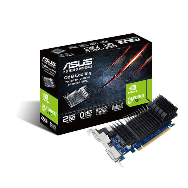 Asus GT730, 2GB DDR5, PCIe2, VGA, DVI, HDMI, silencioso, perfil bajo (soporte incluido)