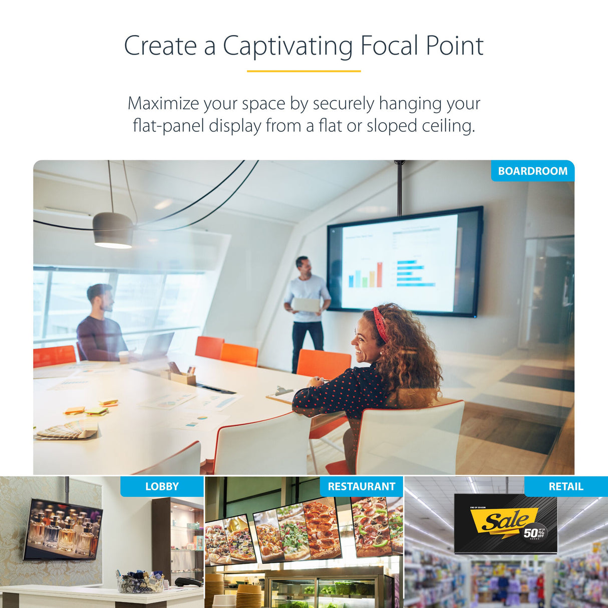 StarTech.com TV Ceiling Mount - Full-Motion Universal Hanging Single Screen Mount with Adjustable Telescopic Long Pole - Tilt / Swivel - VESA Bracket for 32”-75" Displays