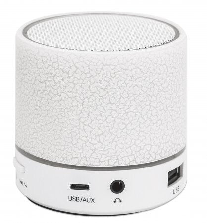 Manhattan LED Bluetooth Speaker, Multicoloured, 5 hour Playback time, Range 10m, microSD card reader (32GB), Aux 3.5mm connector, Output 3W, USB-A charging cable included, 1200mAH battery, Bluetooth v5, White, Three Year Warranty
