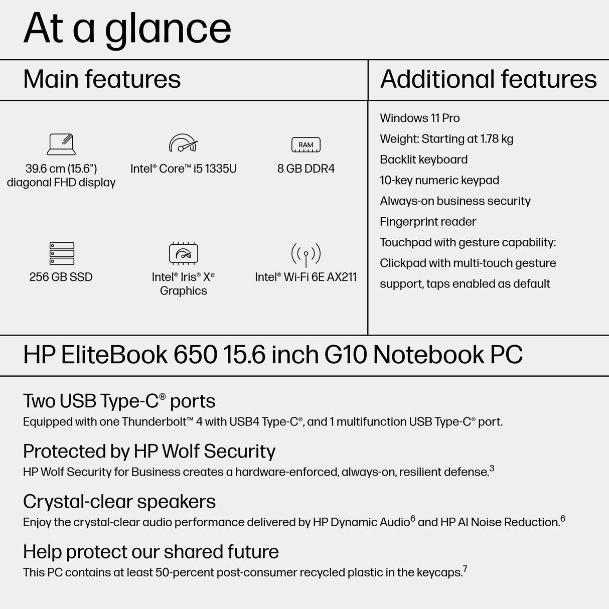 HP EliteBook 650 G10 Intel® Core™ i5 i5-1335U Laptop 39.6 cm (15.6") Full HD 8 GB DDR4-SDRAM 256 GB SSD Wi-Fi 6E (802.11ax) Windows 11 Pro Silver