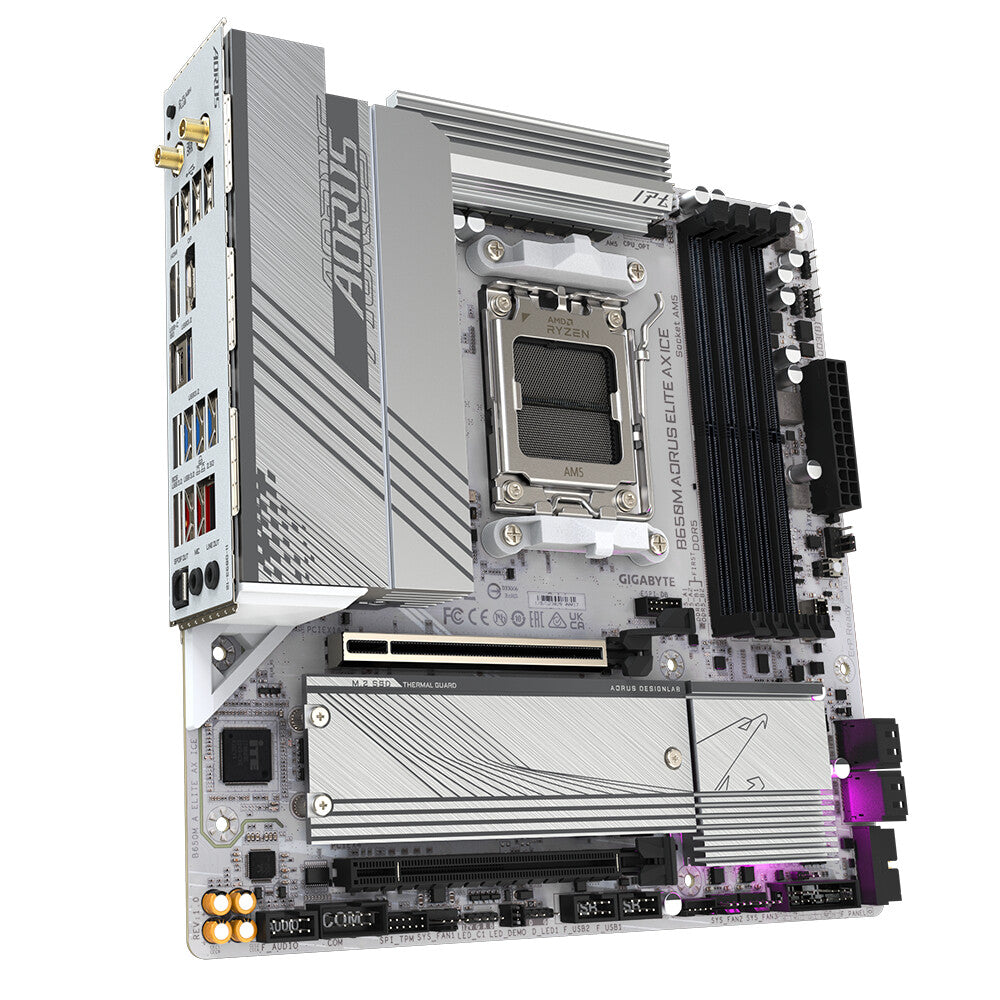 GIGABYTE B650M AORUS ELITE AX ICE Motherboard - AMD Ryzen 9000 Series CPUs, 12+2+2 Phases VRM, up to 8000MHz DDR5 (OC), 1xPCIe 5.0 + 1xPCIe 4.0 M.2, 2.5GbE LAN, WIFI 6E, USB 3.2 Gen 2x2