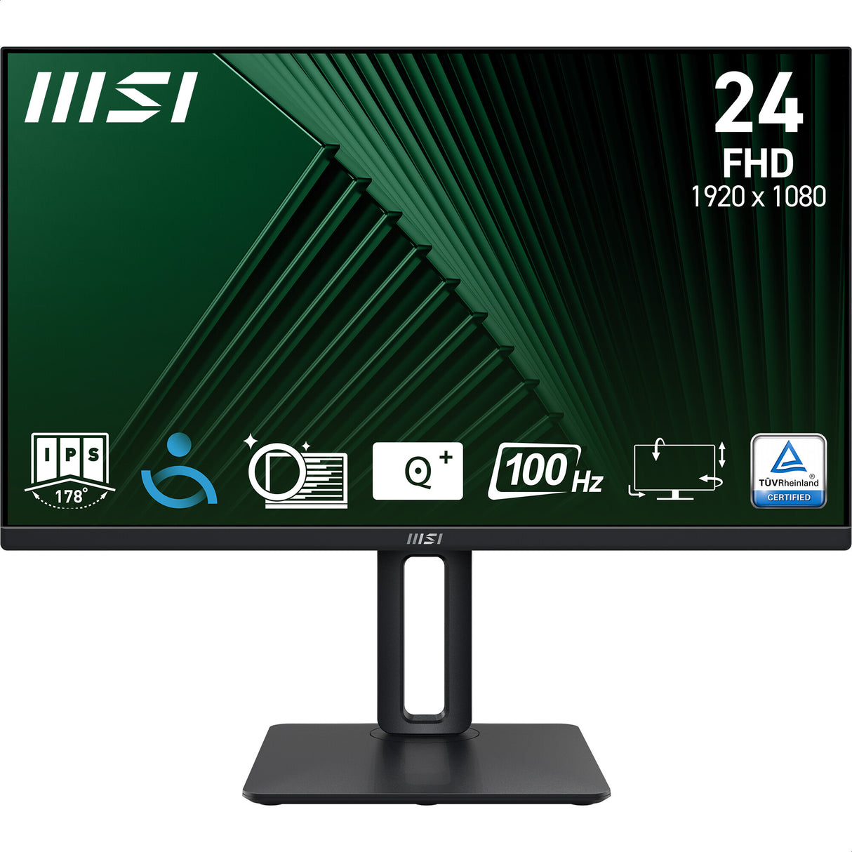 MSI Pro MP245PG 24 Inch Monitor, FHD (1920 x 1080), 100Hz, IPS, 1ms, 1x HDMI 1.4b, 1x DP 1.2a output, 1x D-Sub(VGA), Built-in Speakers, Anti-Glare, Anti-Flicker, Less Blue light, TÜV Certified, VESA, Kensington, 4-way adjustable stand, Black