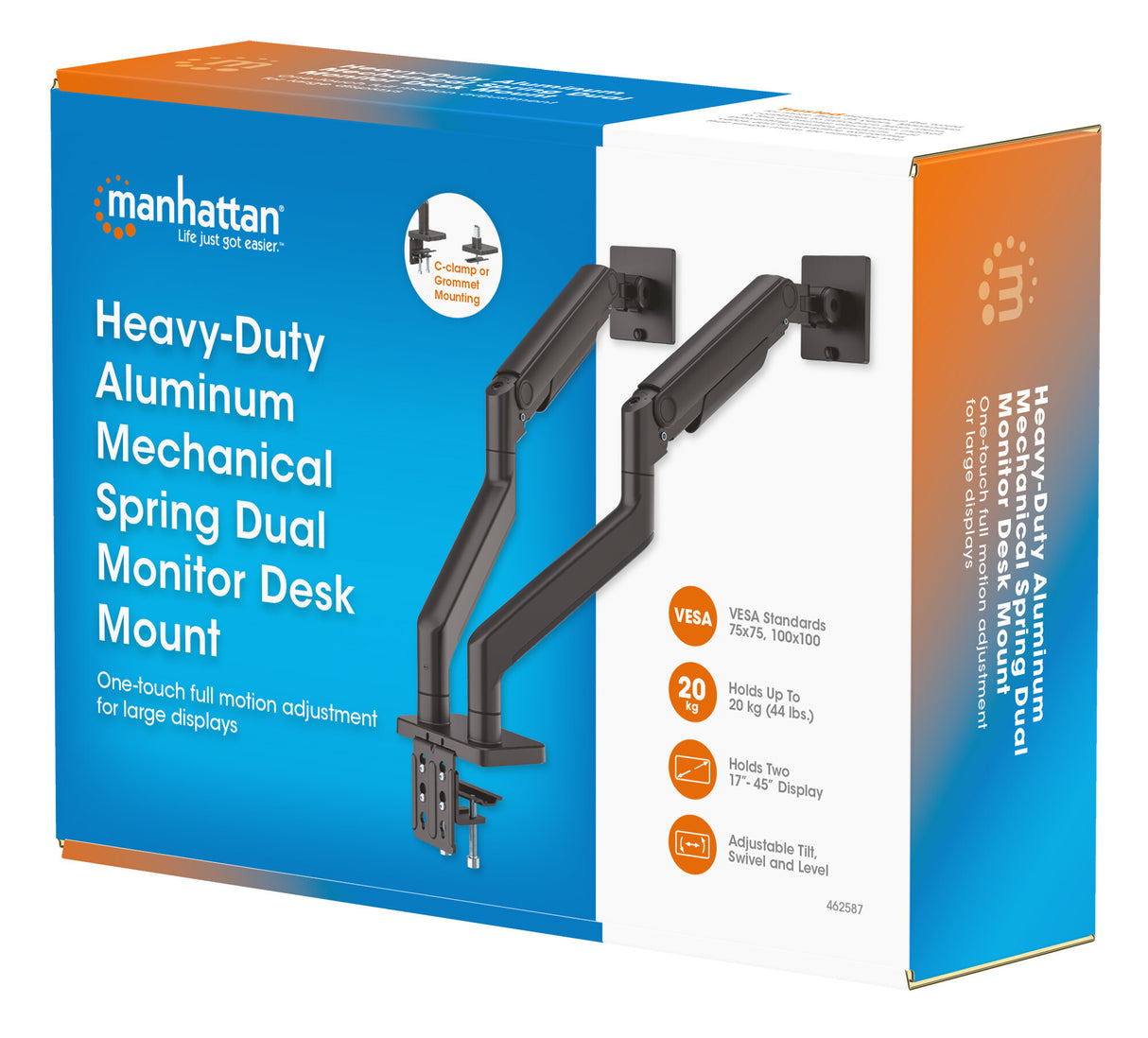 Manhattan Dual Desk Mount for TV & Monitor Mounts (Full Motion Spring), For screens 13" to 45", Clamp or Grommet Assembly, VESA compatability: 75x75 and 100x100mm - check the dimensions of the four mounting holes on back of screen to ensure it fits, Max 2