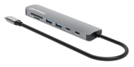 Manhattan USB-C Dock/Hub with Card Reader, Ports (x5): HDMI, USB-A (x2) and USB-C (x2), with Power Delivery (PD) 100W- requires external USB-C charger (not included). USB powered (no external power supply required) when PD is not in use