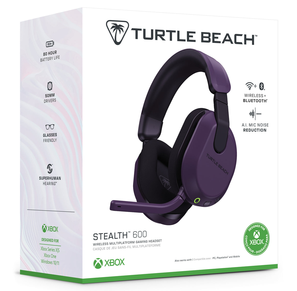 Turtle Beach Stealth 600 Purple Wireless Multiplatform Gaming Headset with up to 80 hour Battery, 50mm Speakers and Bluetooth for Xbox Series X or S, Xbox One, PC, PS5, PS4 and Mobile