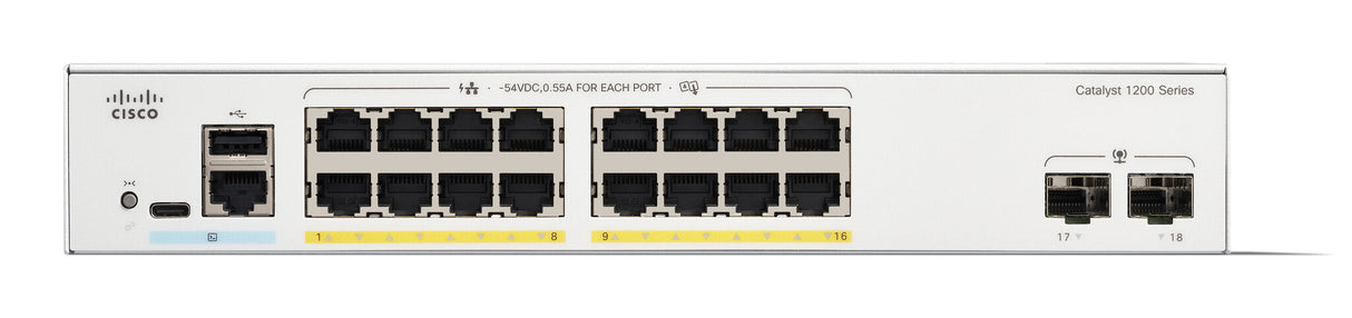 Cisco Catalyst 1200-16P-2G Smart Switch, 16 Port GE, PoE, 2x1GE SFP, Limited Lifetime Protection (C1200-16P-2G)