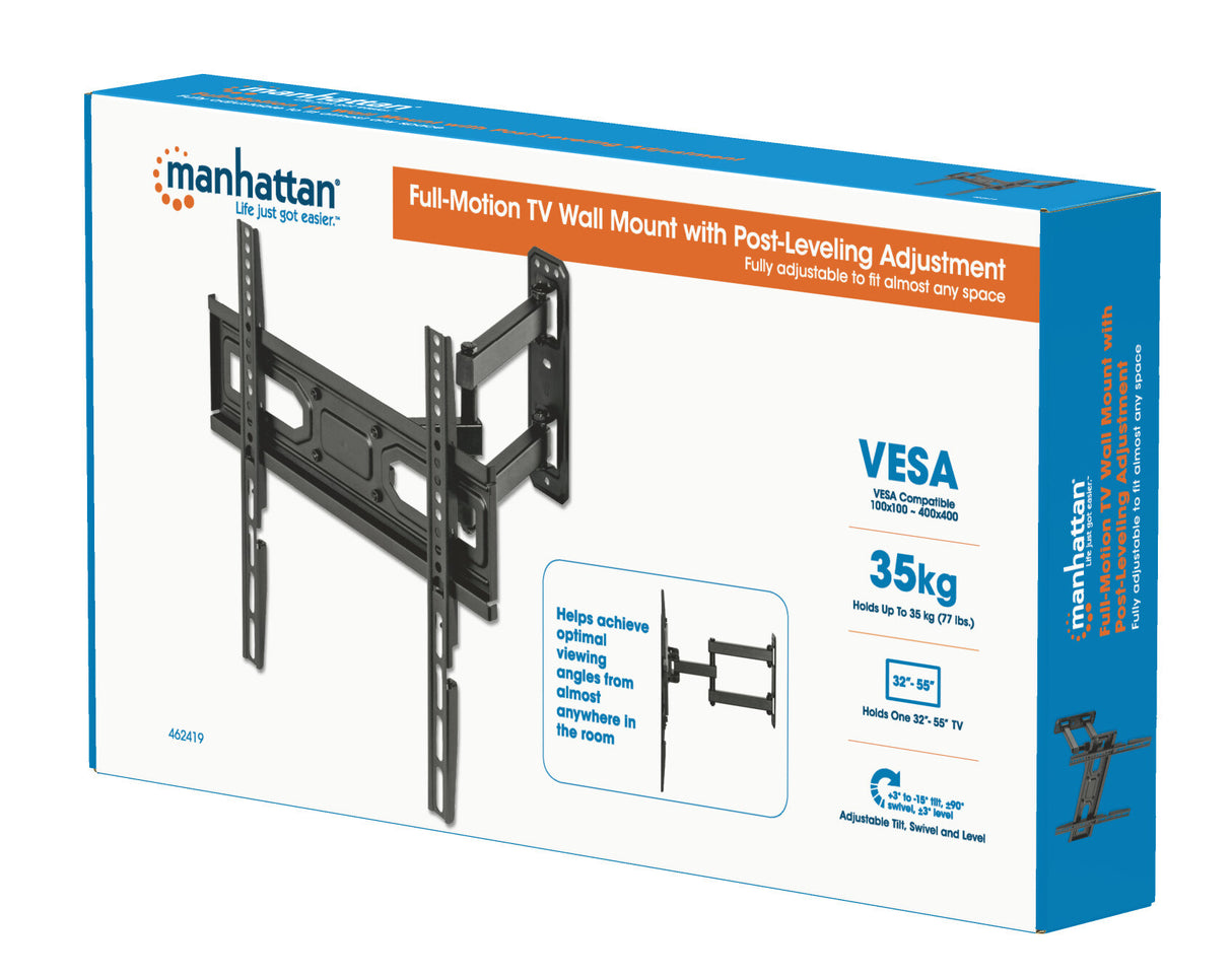 Manhattan Wall Mount for TV & Monitors (Full Motion), For screens 32" to 55", VESA compatability: all between 100x100mm and 400x400mm - check the dimensions of the four mounting holes on back of screen to ensure it fits, Max 35kg, Black, Bracket